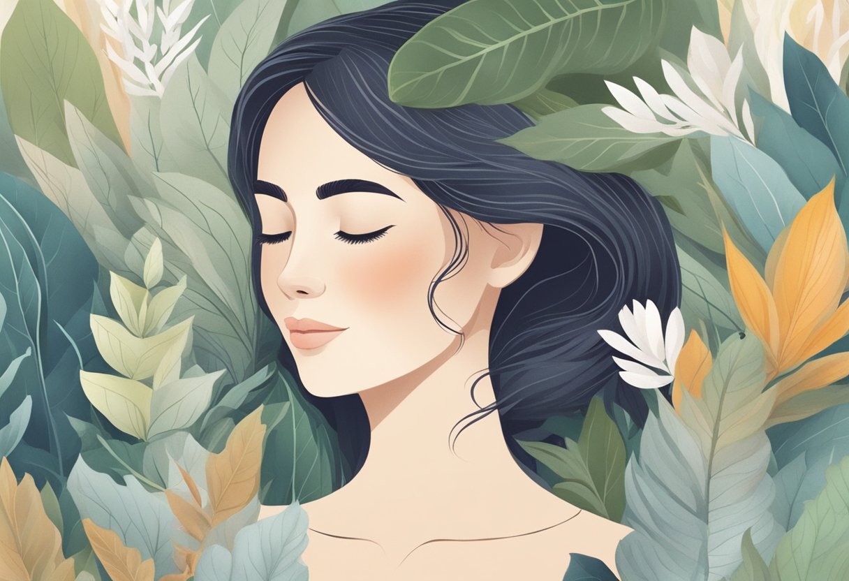 A serene, unblemished face with gentle smile lines, surrounded by botanical elements and soothing colors