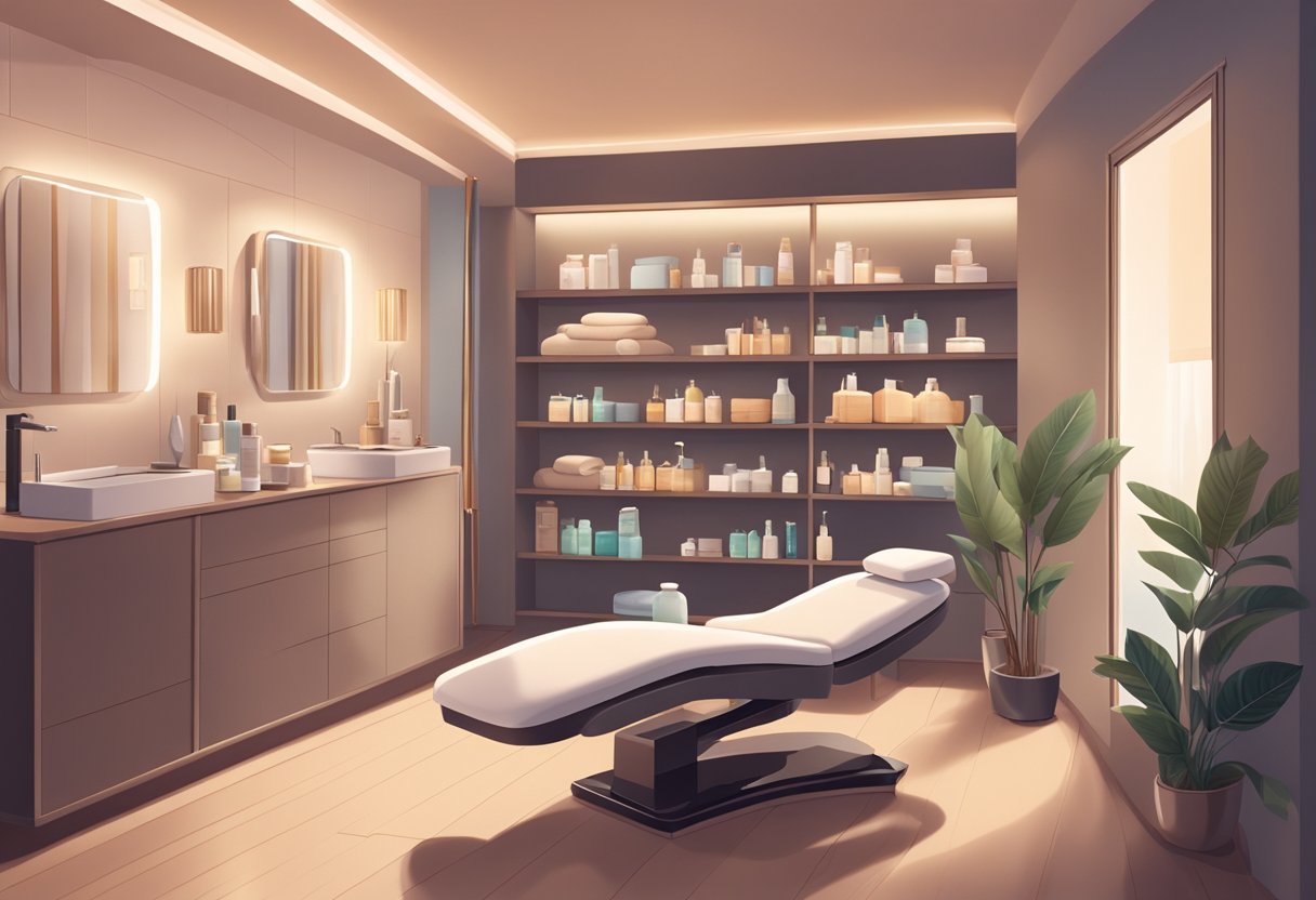 A serene spa room with a comfortable treatment chair, soft lighting, and a shelf displaying various skincare products and beauty tools