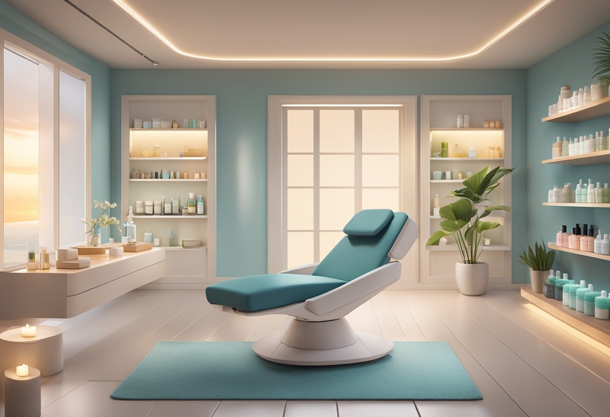 A serene spa room with a reclining treatment chair, soft lighting, and a shelf filled with skincare products