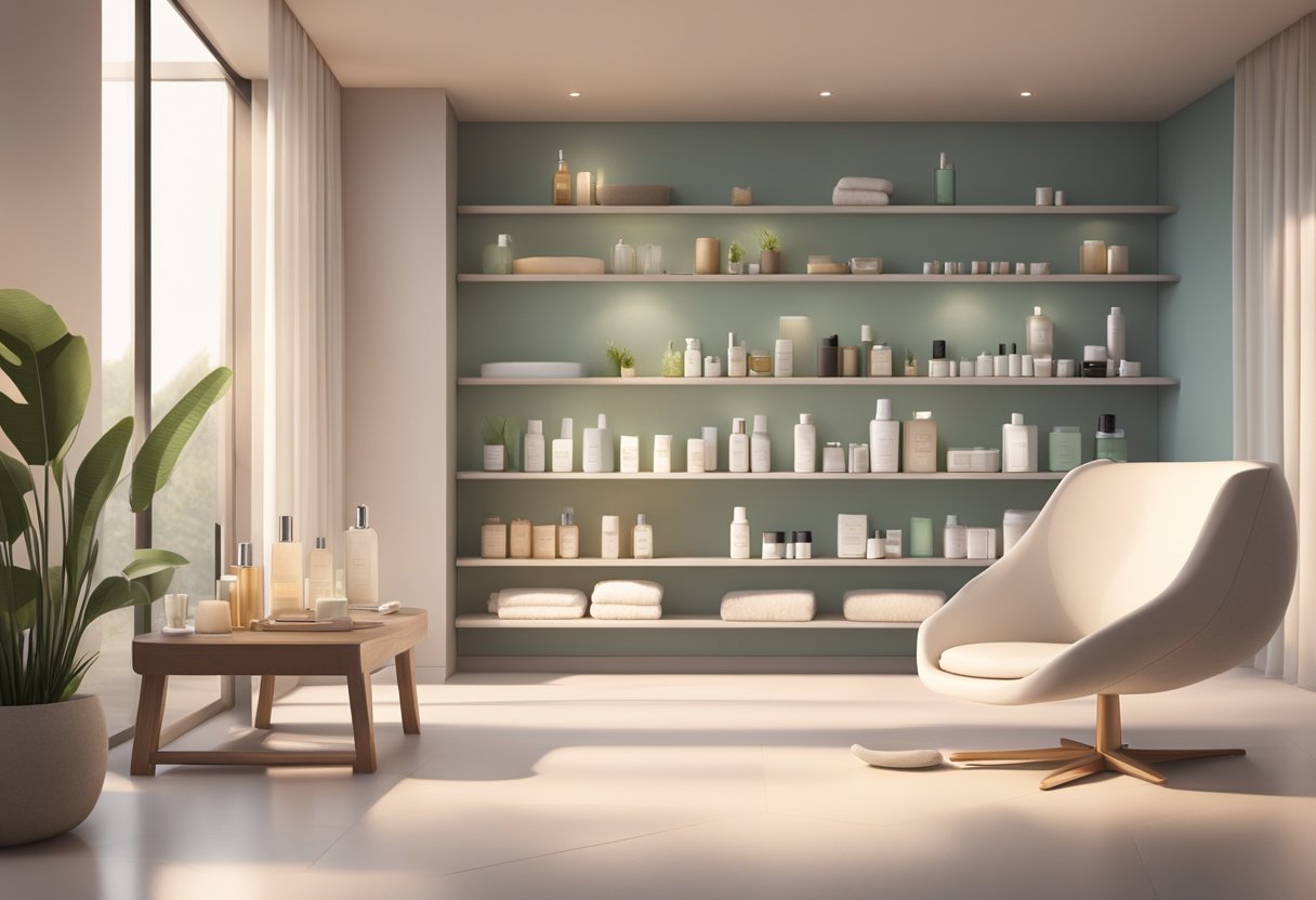 A serene spa room with a sleek, modern chair and a table holding various skincare products. Soft lighting and calming decor create a tranquil atmosphere