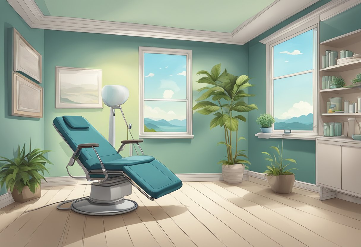 A serene setting with a reclining chair, medical supplies, and a calm atmosphere for post-Botox hyperhidrosis treatment recovery