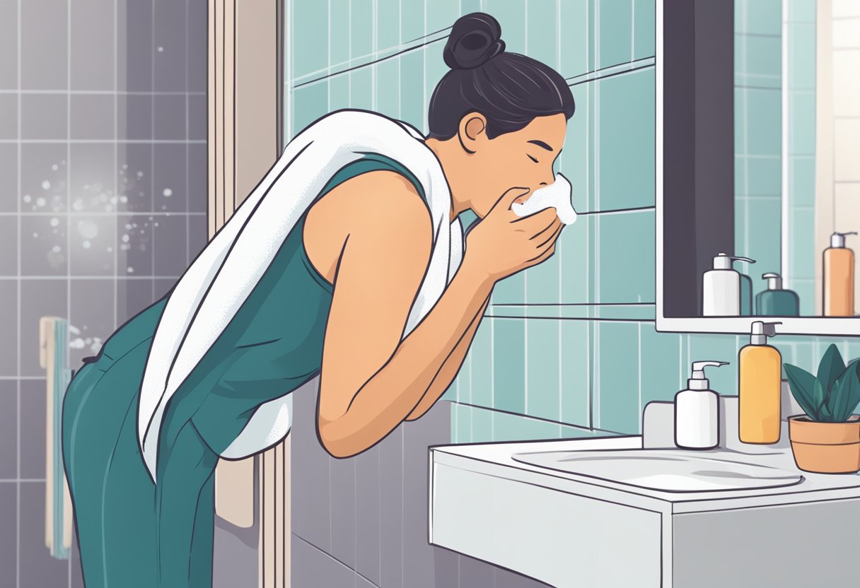 A person applying antiperspirant in a bathroom, with a towel and deodorant on the counter