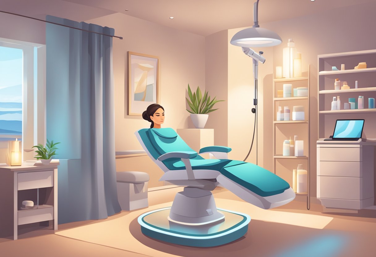 A serene spa room with a reclining treatment chair, soft lighting, and a serene atmosphere. A nurse is preparing equipment for a Botox neck rejuvenation procedure