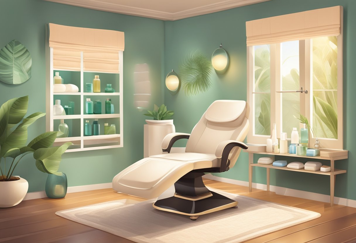 A serene spa room with a comfortable treatment chair, soft lighting, and soothing decor. A cooling gel mask and gentle massage tools are laid out for post-Botox recovery