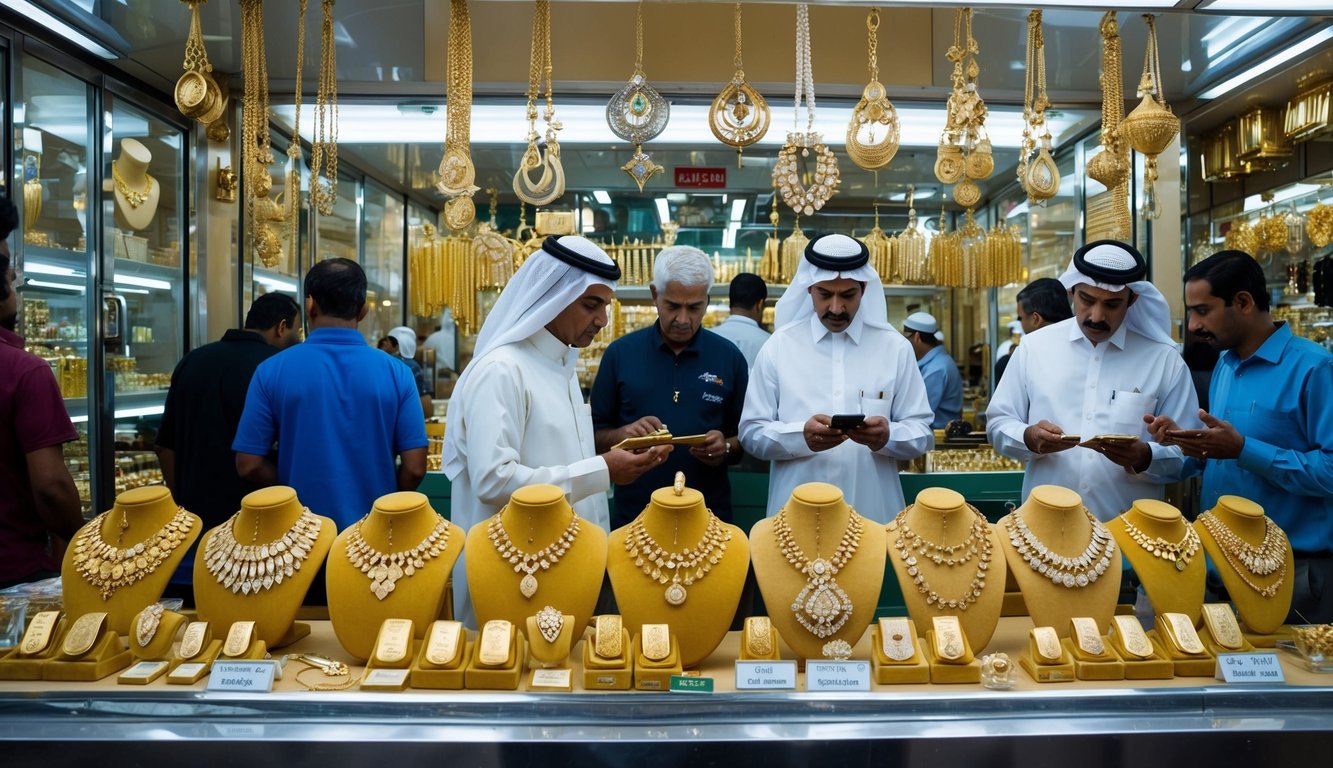 A bustling Dubai market with a prominent gold shop, displaying various gold jewelry and bullion. Customers and traders are seen discussing and examining the gold pieces