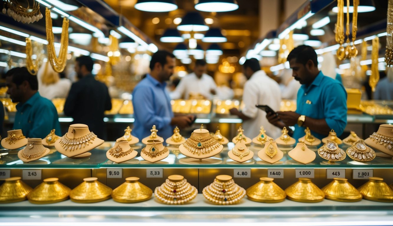 A bustling Dubai gold market with gleaming jewelry displays and busy traders