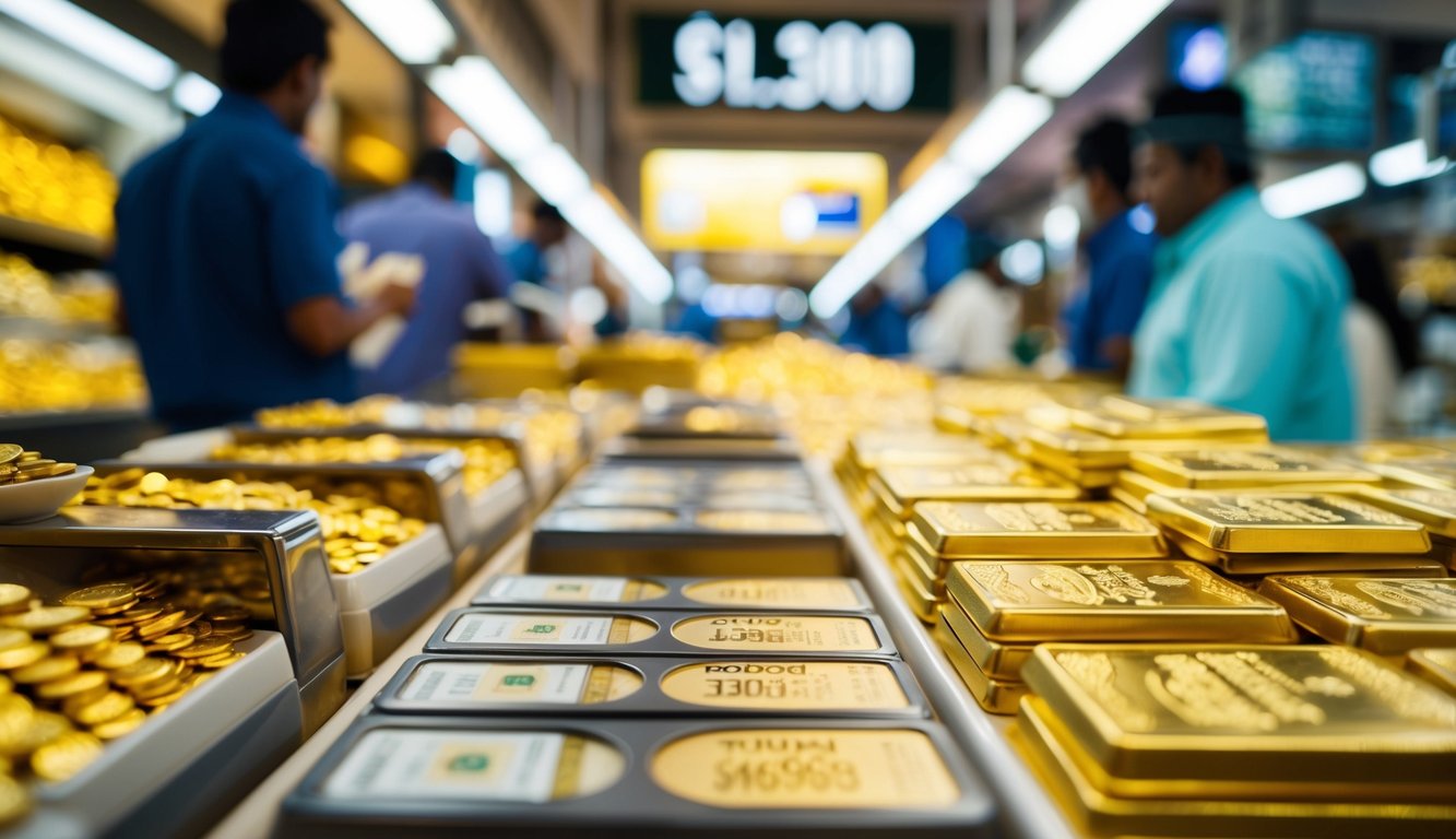 A bustling Dubai gold market with fluctuating currency exchange rates reflected in the changing prices of gold