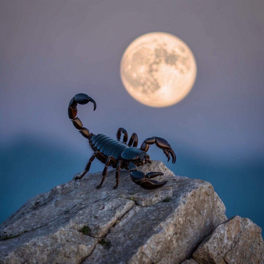 A scorpion perched on a rocky mountain under a full moon