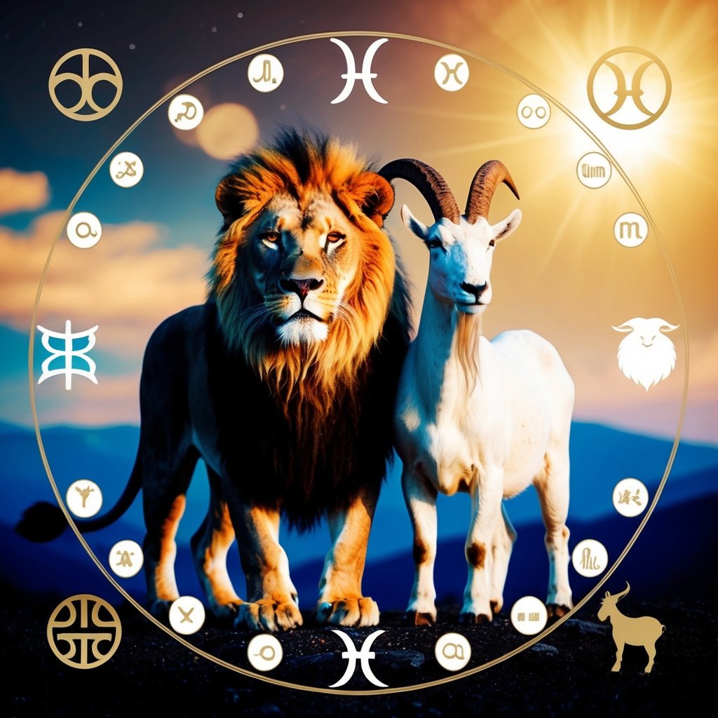 A majestic lion and a wise mountain goat stand side by side under the radiant sun and moon, surrounded by the symbols of the zodiac signs