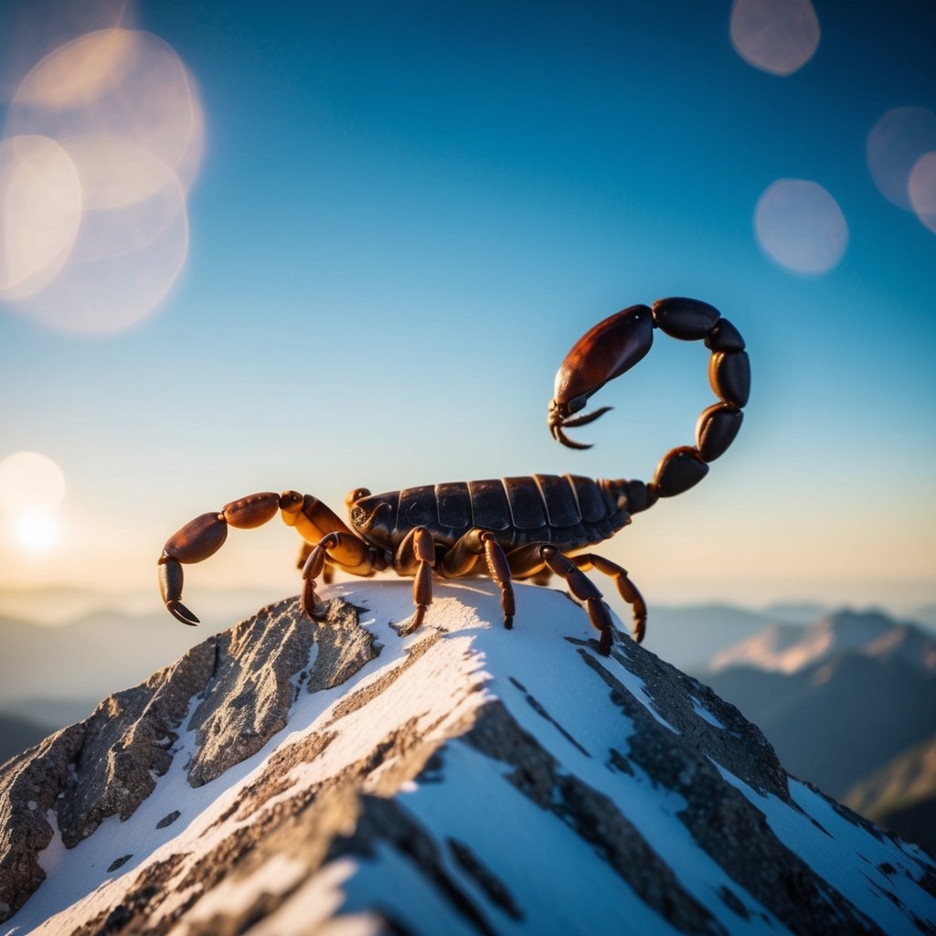 A scorpion perched on a mountain peak, basking in the sun's warmth while demonstrating its strength and determination