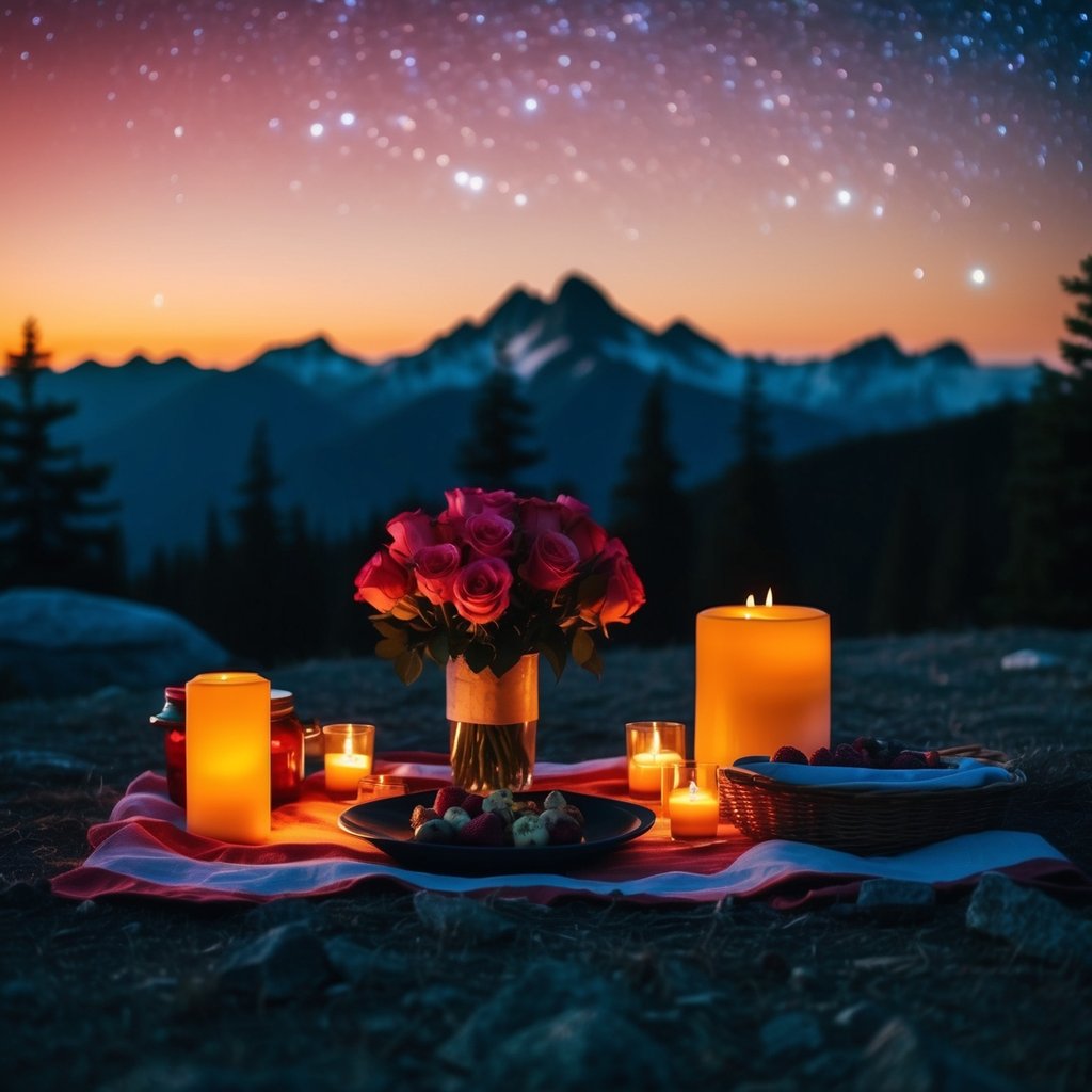 A starlit mountaintop picnic with roses and candles