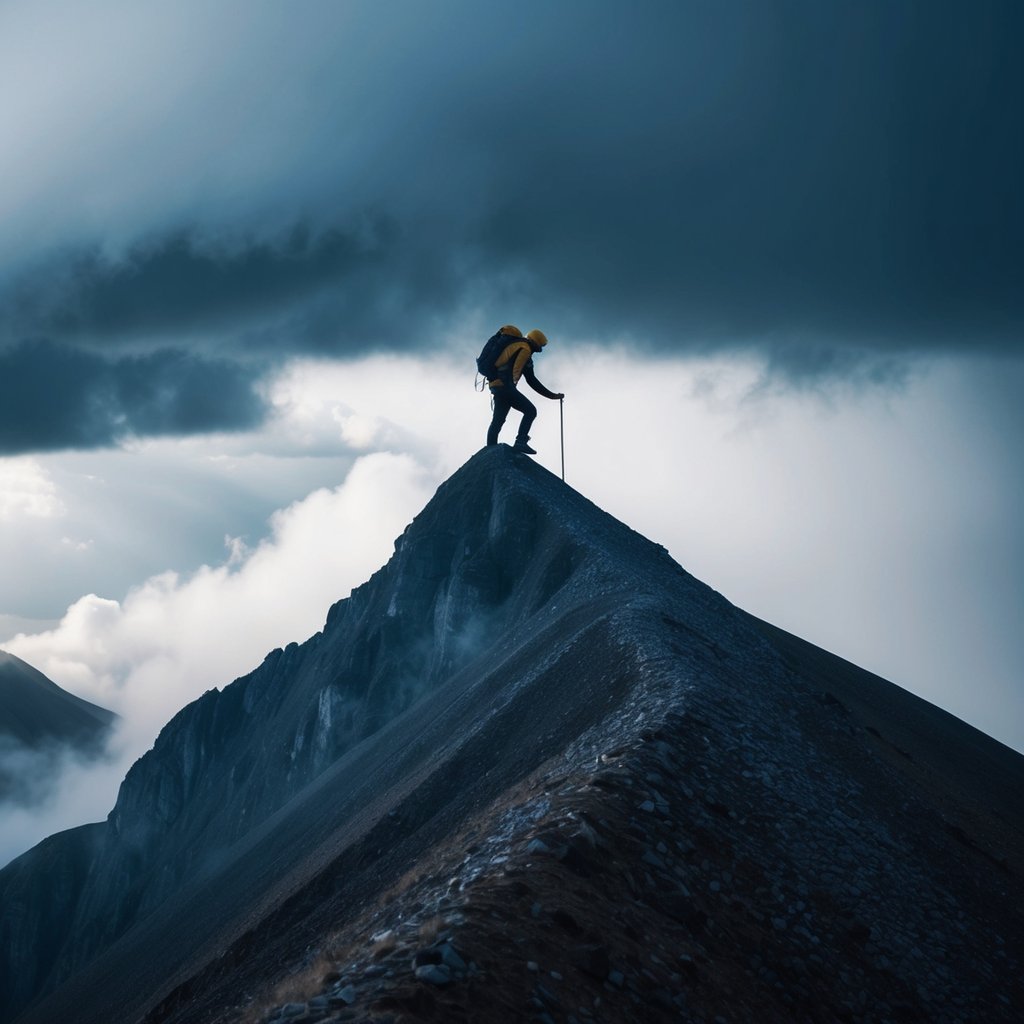 A determined figure scales a mountain, eyes fixed on the peak, while a storm rages below