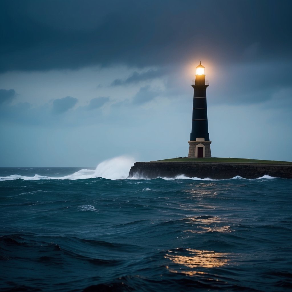 A deep, dark ocean with a strong, steady lighthouse guiding the way through turbulent waters