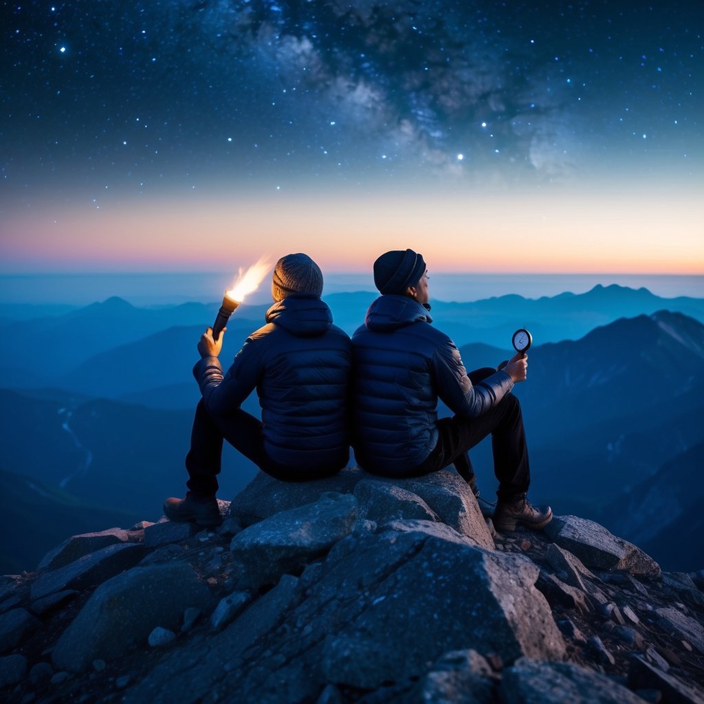 Two figures sitting atop a mountain, gazing at the stars. One holds a torch, the other a compass. Their bond is unbreakable