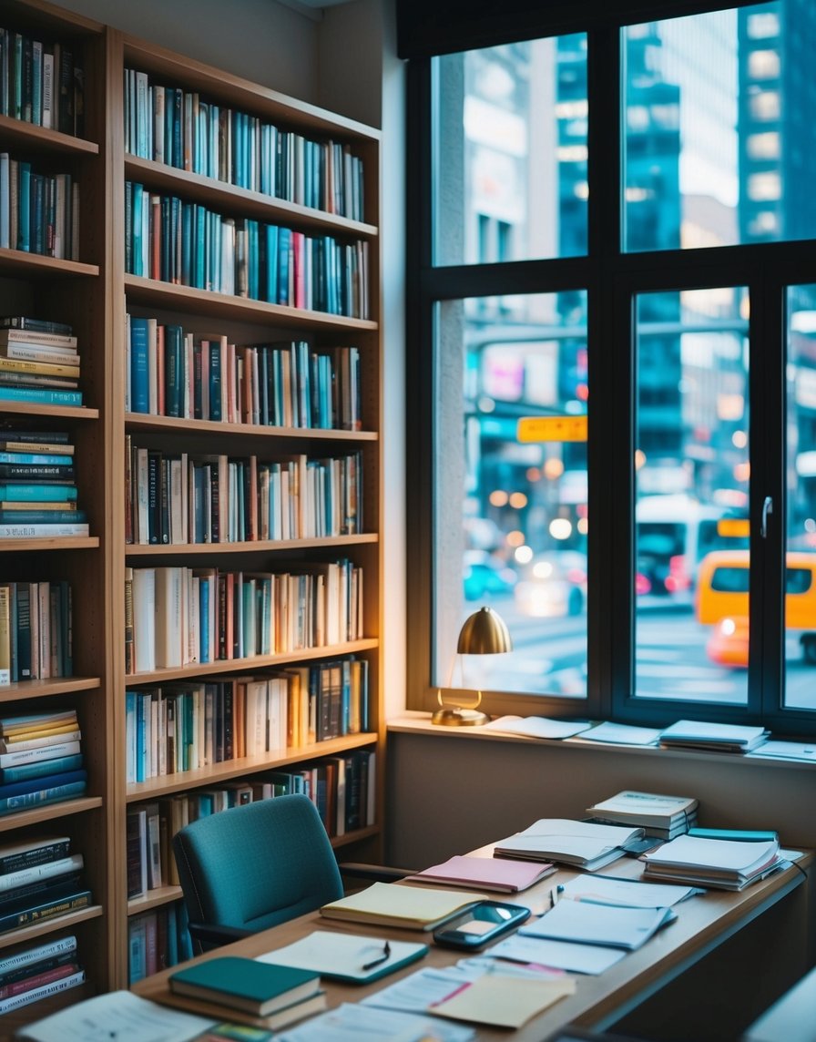 A bookshelf filled with meticulously organized books, a desk cluttered with lists and notes, and a window with a view of a bustling city street