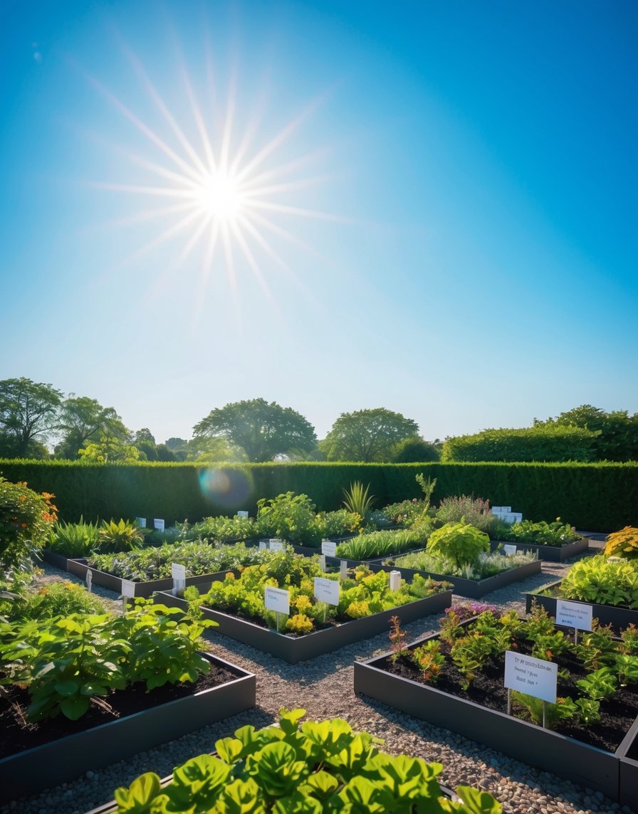 A bright sun shining over a detailed, organized garden with carefully labeled plants and a clear blue sky