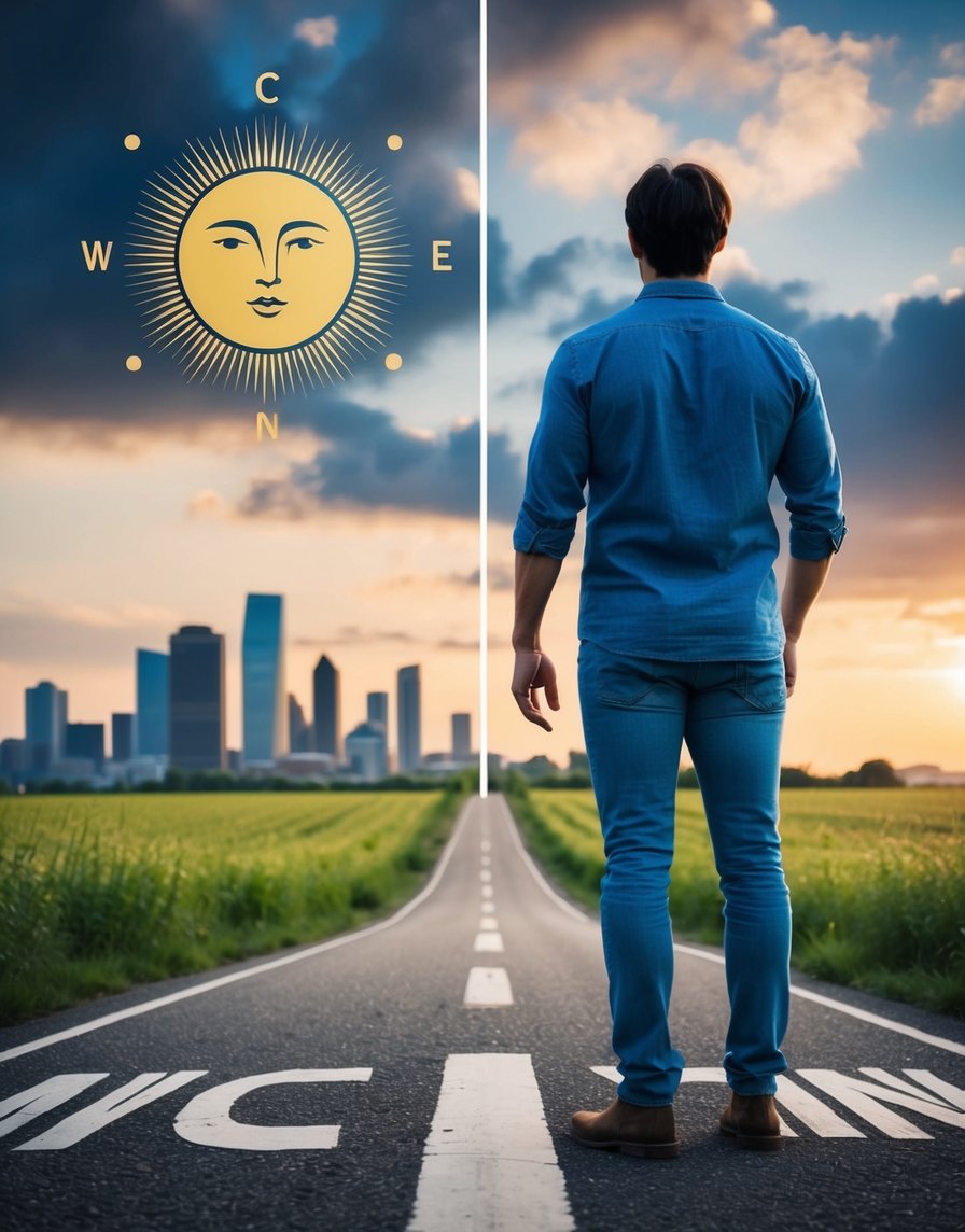 A person standing at a crossroads, one path leading to a bustling city and the other to a peaceful countryside, symbolizing the dual nature of communication and thinking with Gemini Sun and Virgo Moon