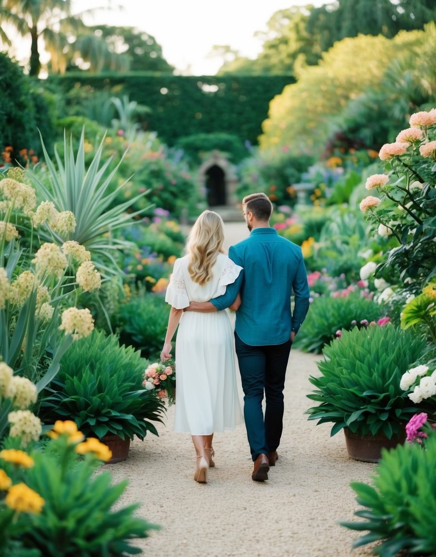 A couple strolling through a botanical garden, admiring the intricate details of the flowers and plants