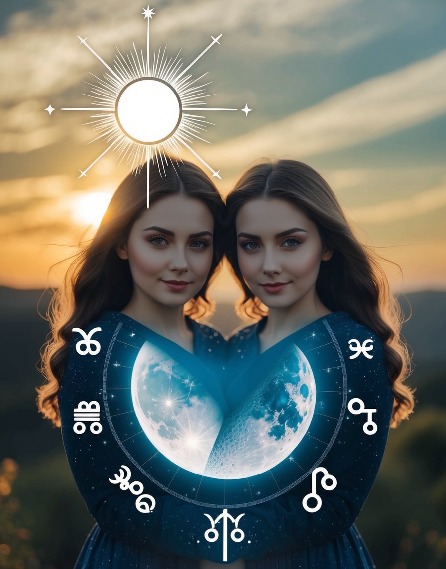 A pair of celestial twins, one with a radiant sun and the other with a detailed moon, surrounded by the symbols of the zodiac signs