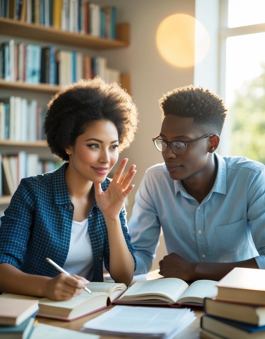 Deux personnages étudient ensemble dans une pièce éclairée par le soleil, entourés de livres et de documents. L'un fait des gestes confiants tandis que l'autre écoute attentivement, leurs expressions étant concentrées et réfléchies