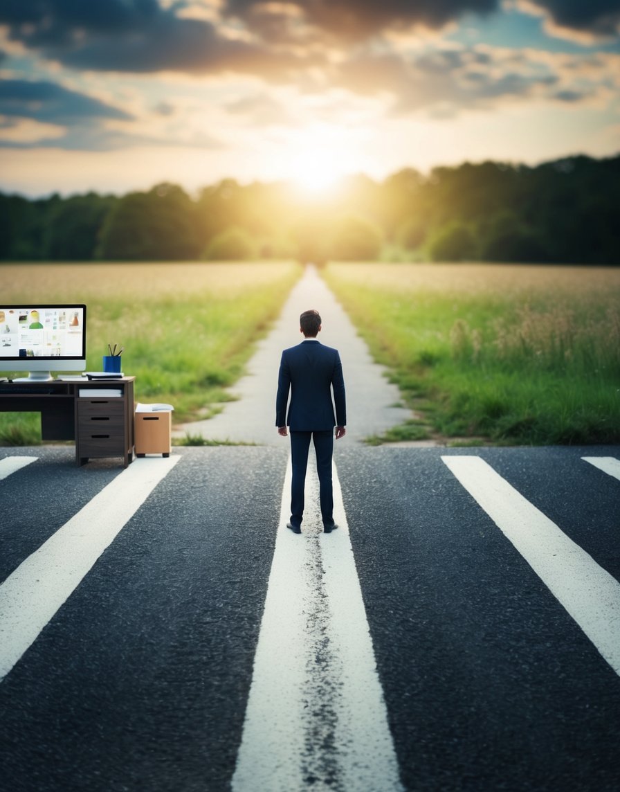 Un personnage se tient à un carrefour, un chemin menant à un bureau encombré, l'autre à un champ ouvert. Le personnage semble tiraillé entre l'organisation méticuleuse et l'exploration libre.