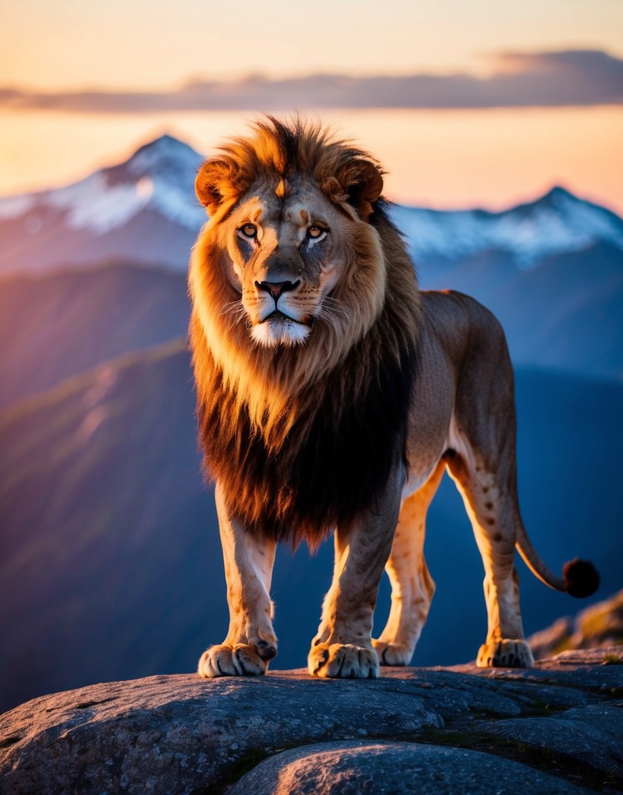 A regal lion standing on a mountaintop, basking in the warm glow of the sun while exuding a sense of strength and determination