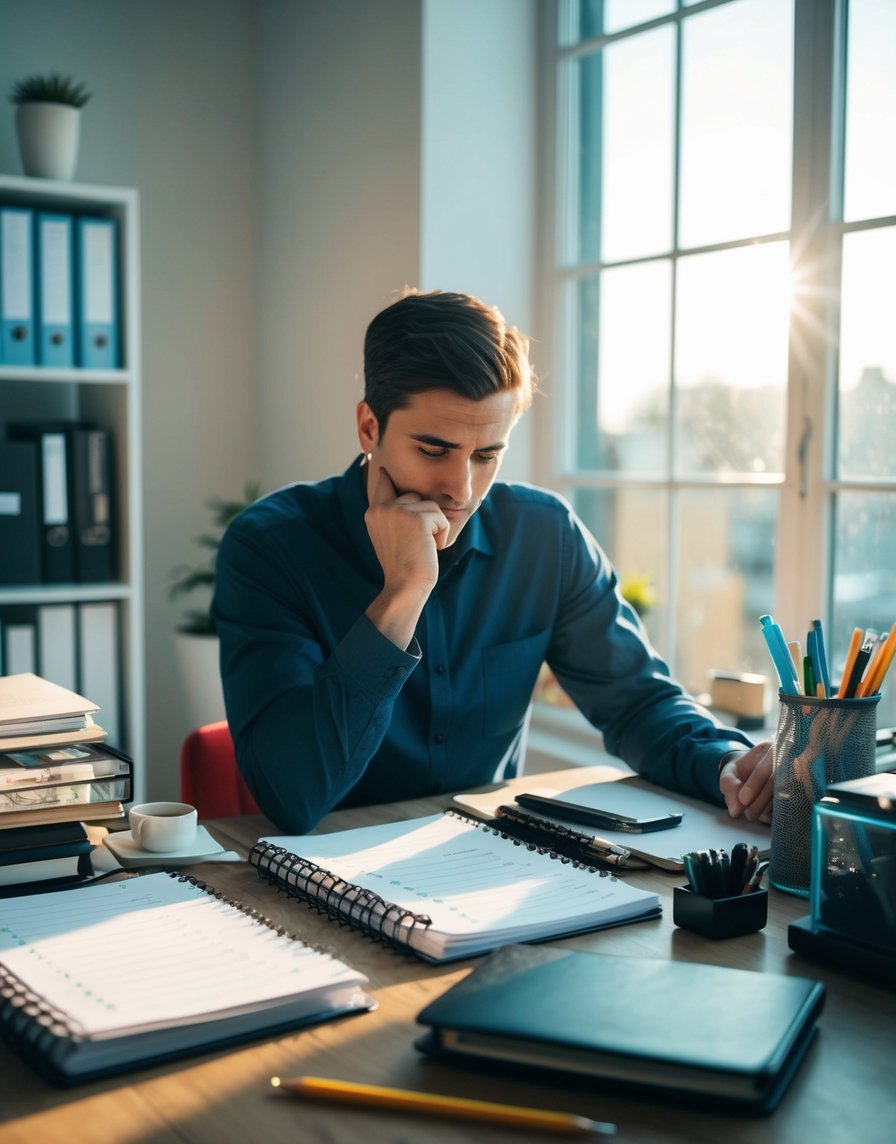 Un bureau encombré mais organisé avec précision, un agenda rempli de listes de tâches détaillées et une fenêtre lumineuse qui éclaire une personne réfléchie et concentrée.