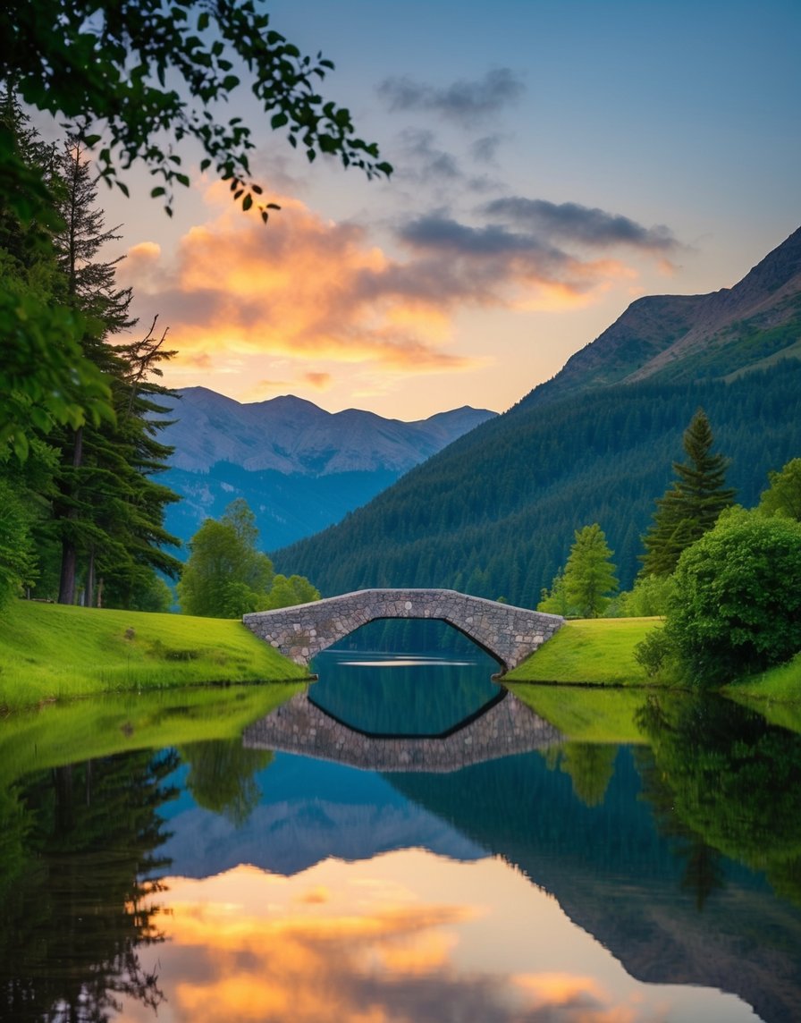 Un lac de montagne serein reflétant le coucher du soleil, avec un solide pont de pierre traversant l'eau, entouré d'une verdure luxuriante et d'un sentiment de détermination paisible.