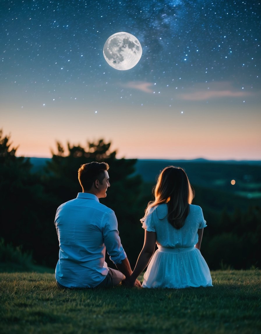 Un couple assis sous un ciel étoilé, se tenant par la main et regardant la lune.