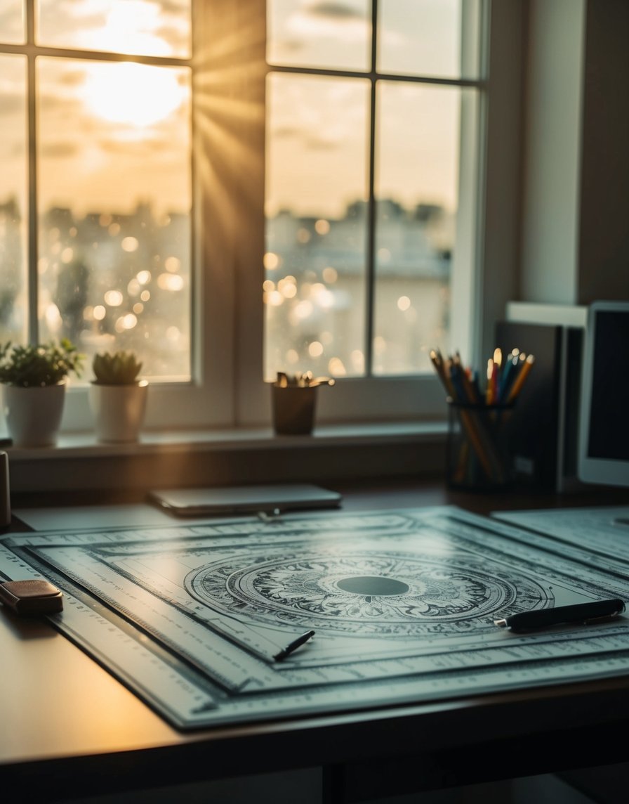 Un bureau méticuleusement organisé avec des motifs complexes et des mesures précises, baigné par la lumière chaude du soleil filtrant à travers une fenêtre.