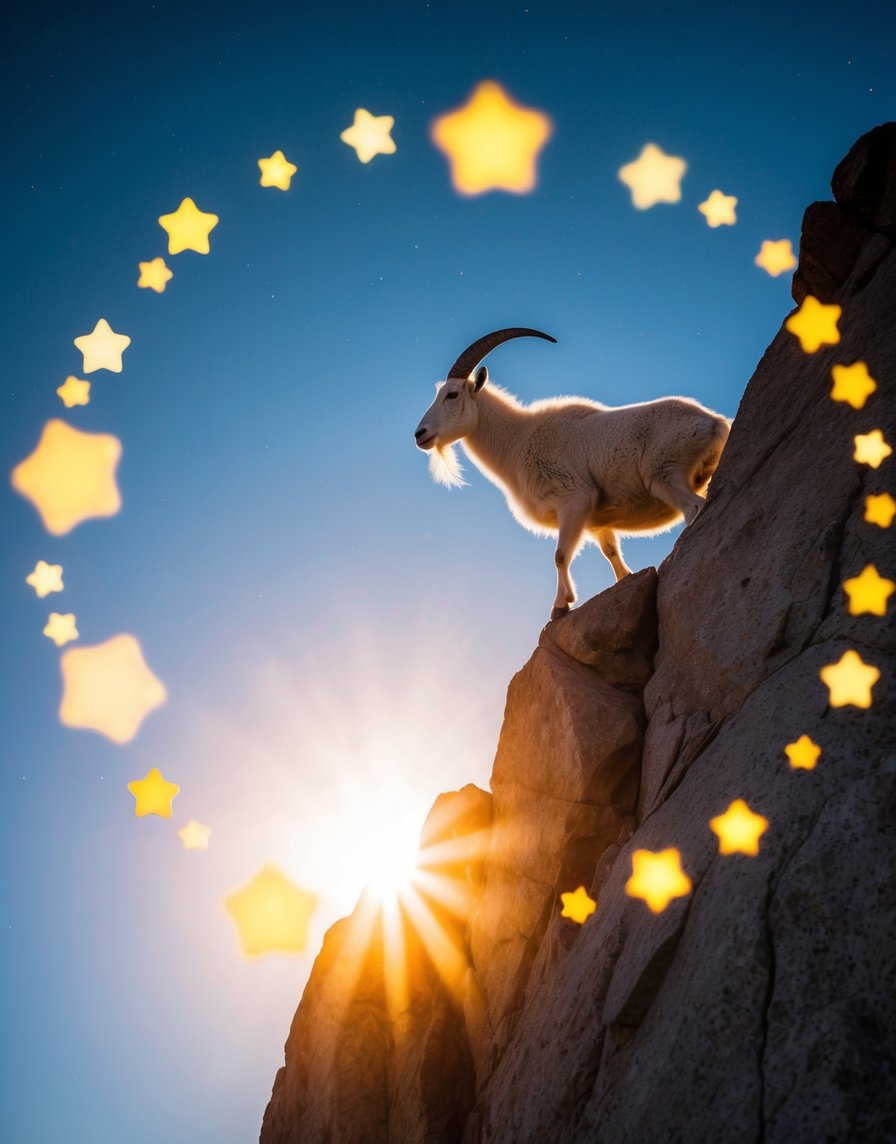 Une chèvre de montagne escaladant une falaise abrupte sous la chaude lueur du soleil, entourée d'un cercle d'étoiles.