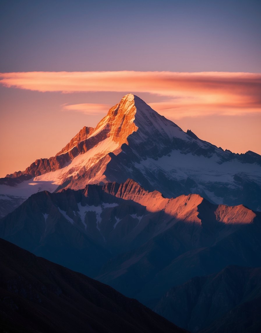 A majestic mountain peak bathed in the warm glow of the setting sun, casting long shadows over the rugged terrain below