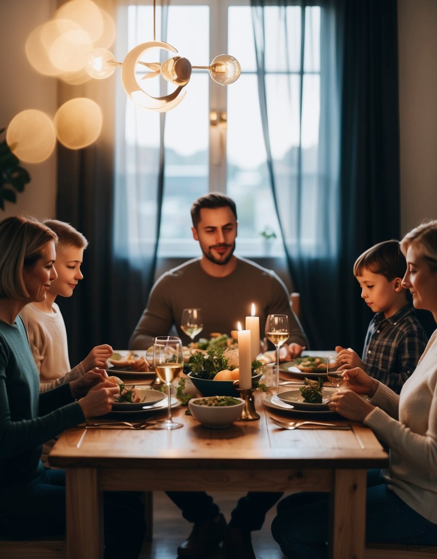 Un Cancer Soleil Lune Capricorne est assis à une table familiale solide, répondant calmement aux besoins de chaque membre de la famille avec une présence bienveillante mais disciplinée.