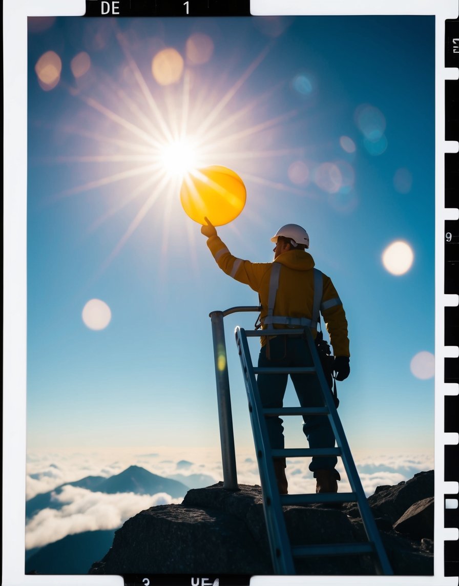 A figure standing on a mountain peak, holding a shining sun in one hand and a sturdy ladder in the other, with a sense of determination and ambition in their gaze