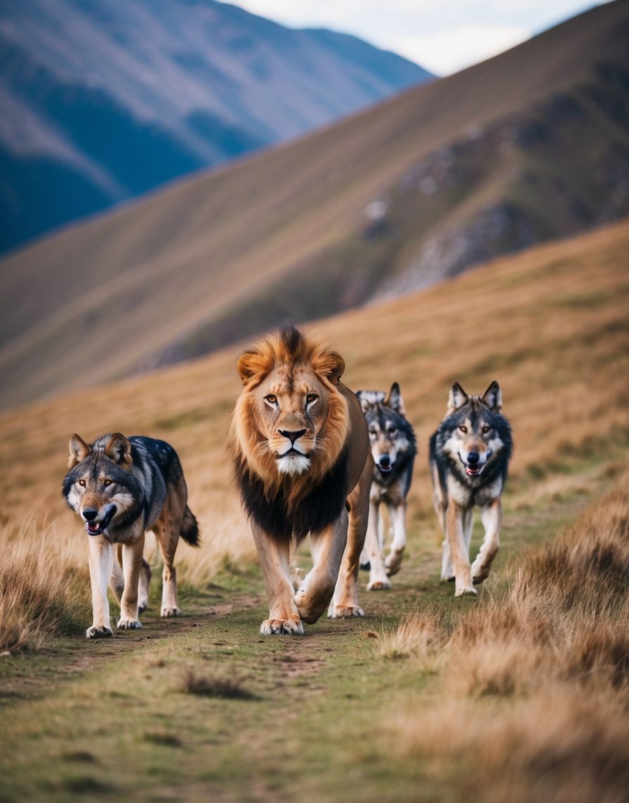 A lion leading a pack of wolves through a mountainous terrain