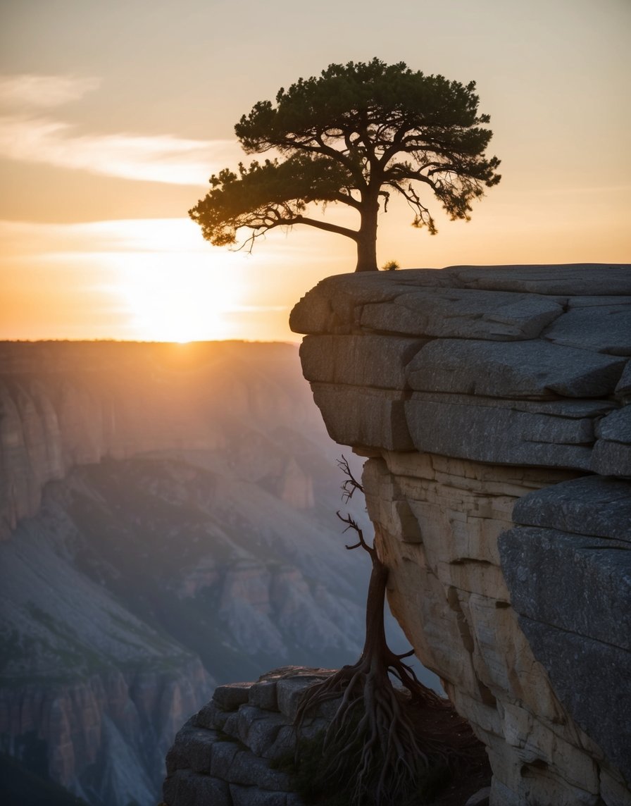 Un arbre solitaire se dresse sur une falaise rocheuse, ses racines s'enfonçant profondément dans la terre. Le soleil se couche derrière lui, jetant une lueur chaude sur le paysage accidenté.