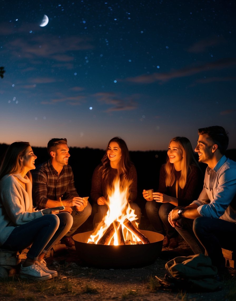 Un grupo de amigos sentados alrededor de una hoguera, compartiendo historias y risas bajo el cielo nocturno. Los individuos Cáncer Sol Capricornio Luna muestran una lealtad inquebrantable entre sí.