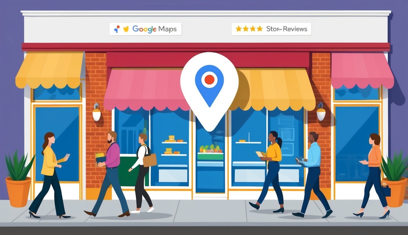 A storefront with a prominent Google Maps pin, surrounded by positive reviews and high ratings, with a steady stream of customers entering and leaving