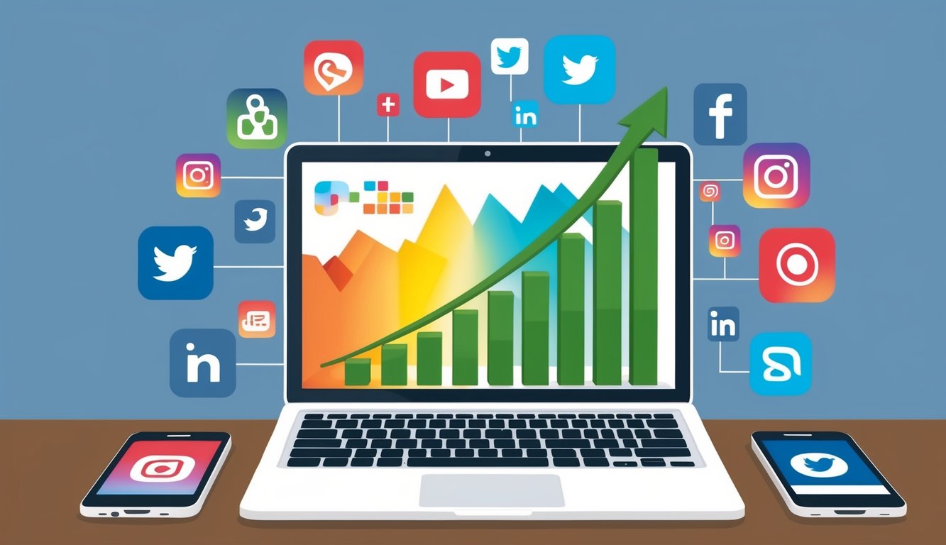 A laptop surrounded by various social media icons, with a graph showing an upward trend in online engagement