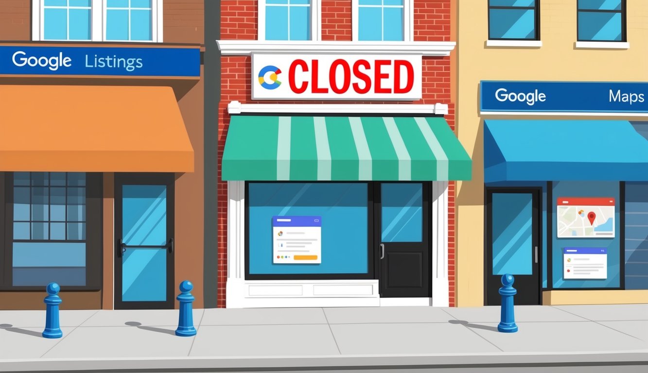 A storefront with a "closed" sign, surrounded by other businesses with prominent Google listings and maps