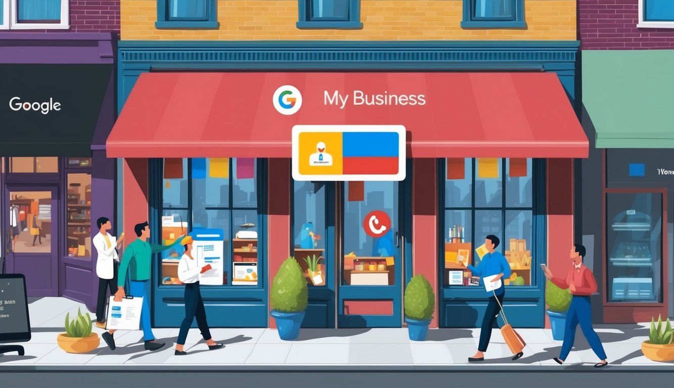 A storefront with a prominent Google My Business sign, surrounded by bustling local activity and a visible online presence