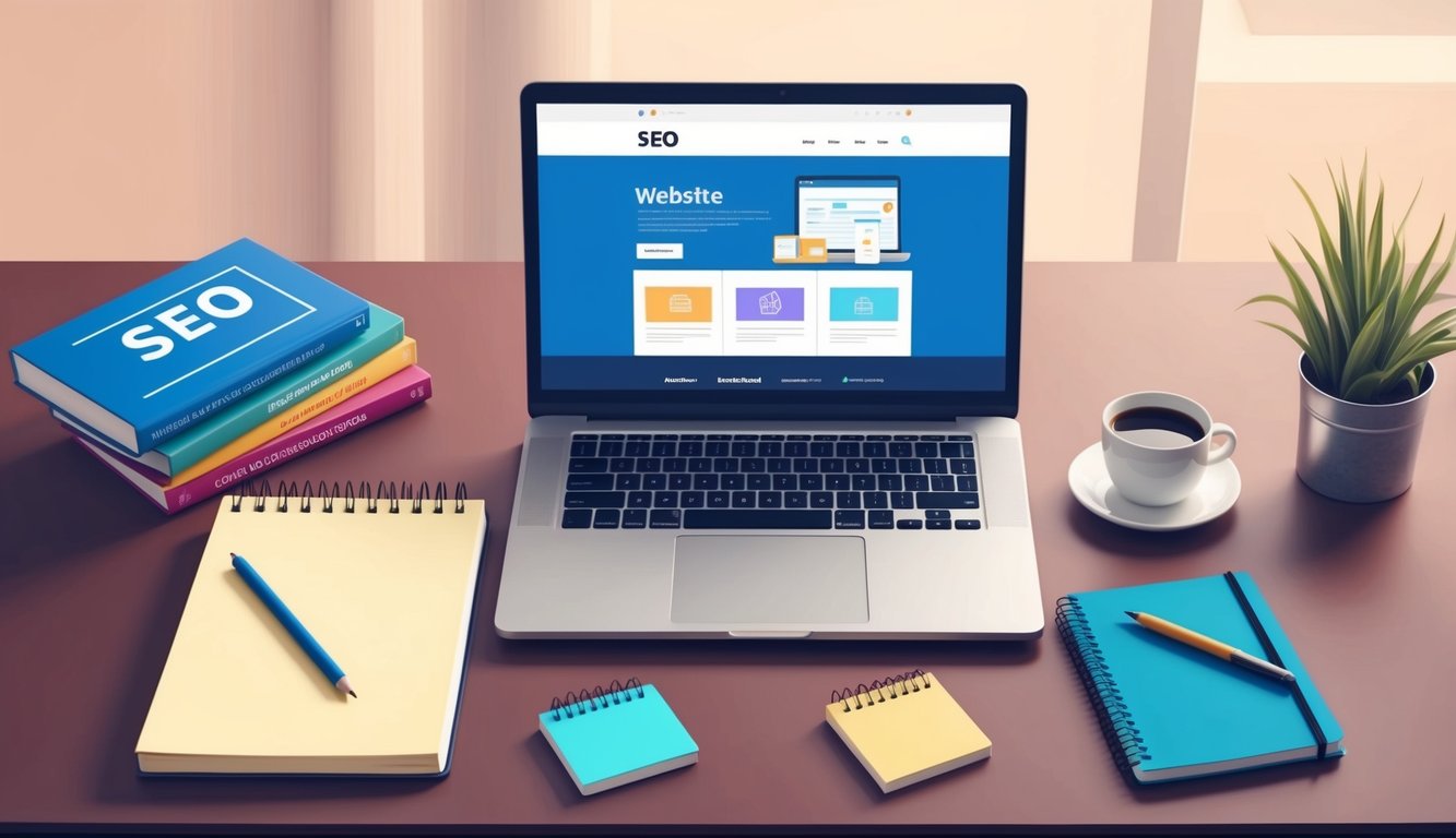 A laptop on a desk with a website displayed, surrounded by books on SEO, a notepad, and a cup of coffee