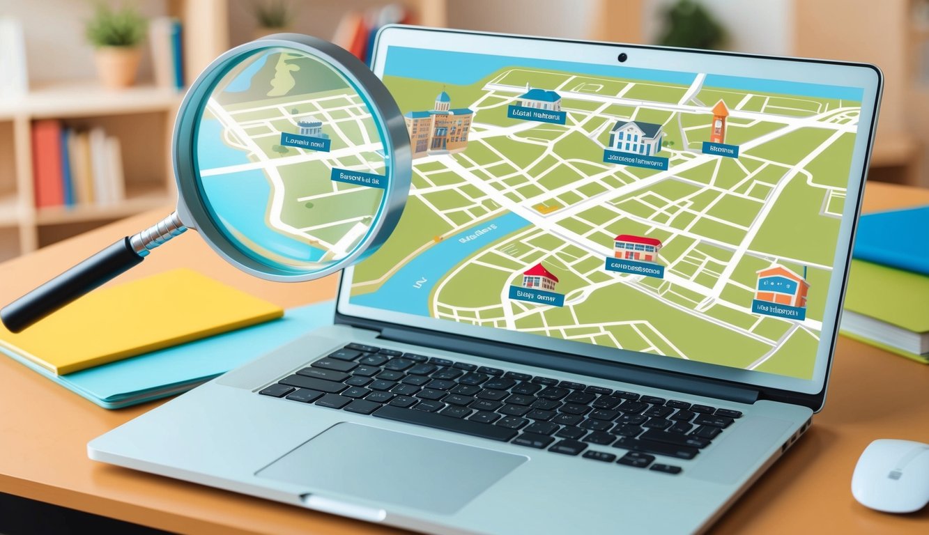 A laptop on a desk, with a map of the local area and a magnifying glass. Various local landmarks and businesses are highlighted on the map