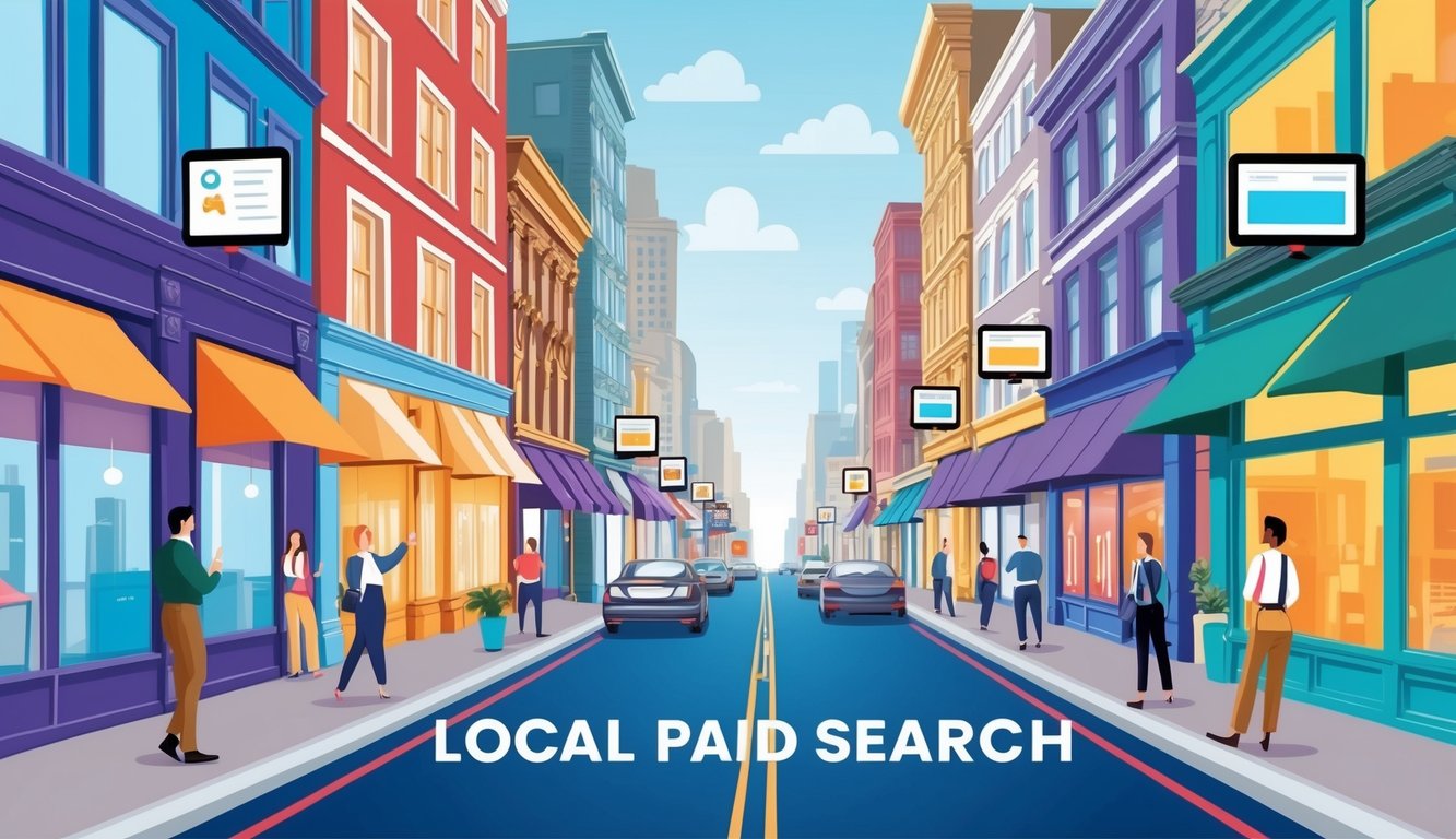 A bustling city street with vibrant storefronts and eye-catching digital advertisements, showcasing the impact of local paid search on businesses