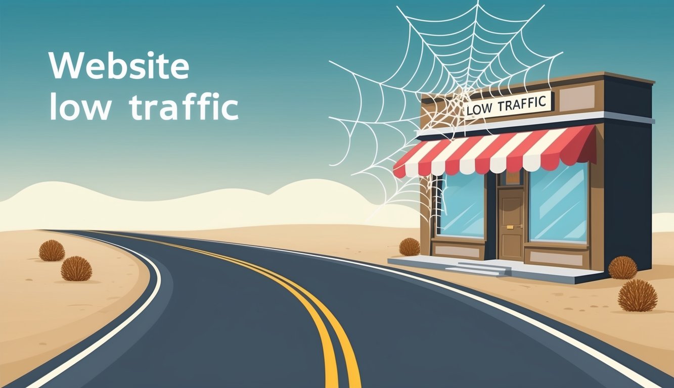 A website with low traffic, depicted by a barren road leading to a deserted digital storefront with cobwebs and tumbleweeds