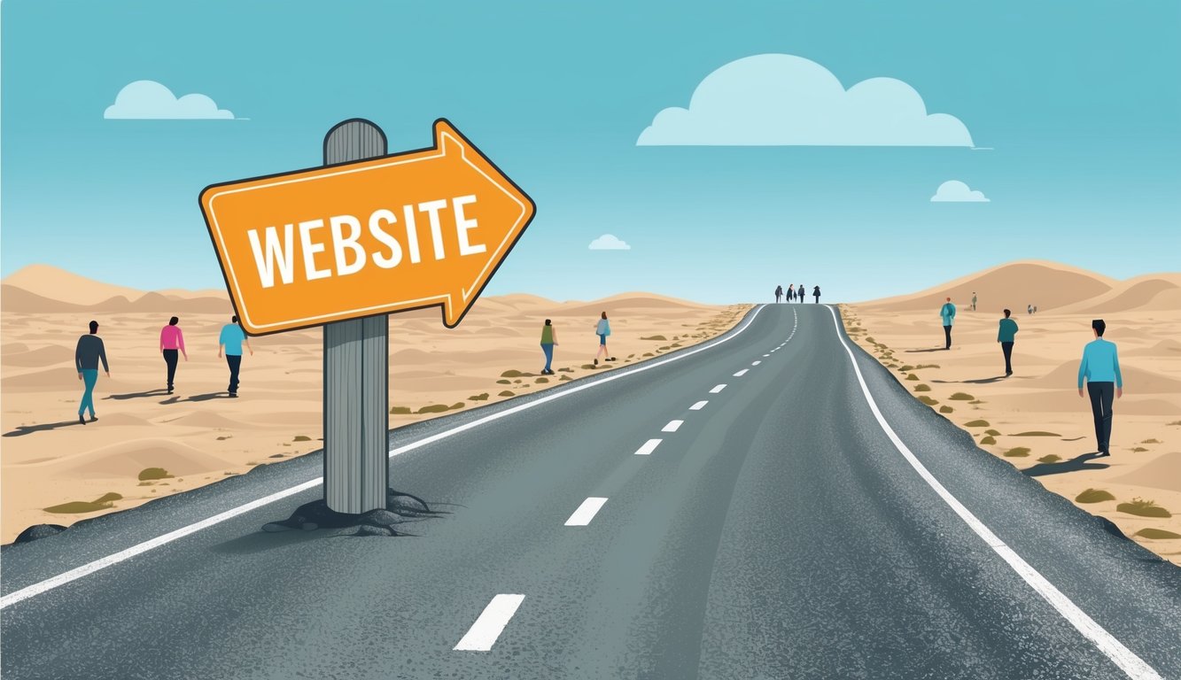 A website with low traffic, depicted through a barren road with a few scattered visitors walking away in the distance. The website is shown as a signpost with no one stopping to visit