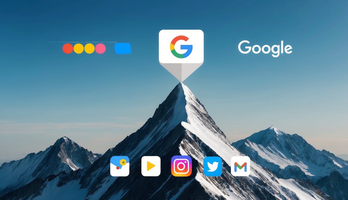 A website icon rising above a mountain peak, with a Google logo in the background. Various social media icons surround the website icon, symbolizing a strong off-page presence