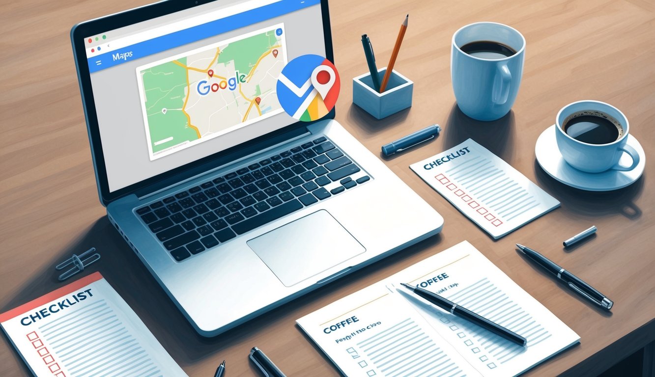 A laptop with a Google Maps page open, surrounded by a checklist, pen, and a cup of coffee on a desk