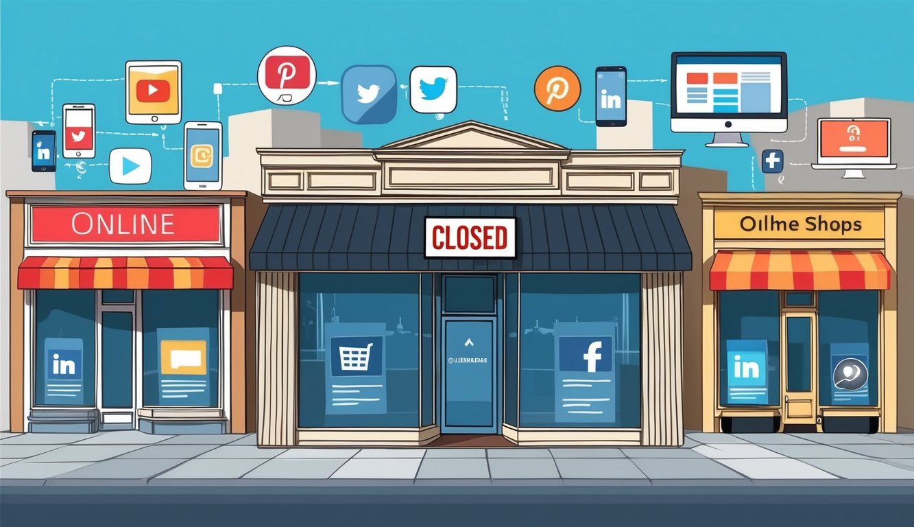 A deserted storefront with a "closed" sign, surrounded by bustling online shops with active social media and website engagement