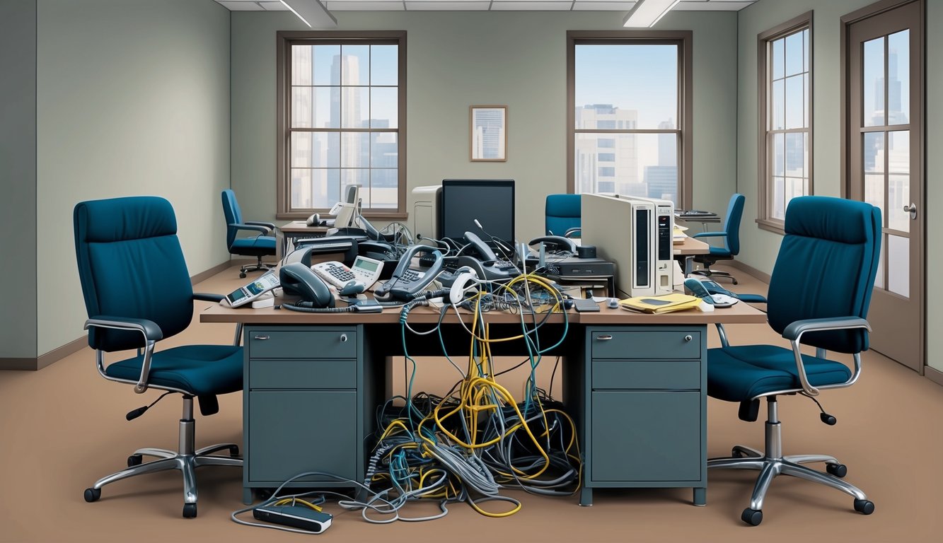 A deserted office with phones off the hook and empty chairs. A tangled mess of wires and outdated equipment sits on a cluttered desk